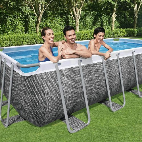 Bestway SANIBEL Szürke rattan hatású szögletes fémvázas medence szett 5,49x2,74x1,22m