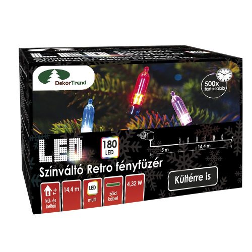 Dekortrend Kültéri Színváltó Retro fényfüzér, 180 LED, RGB színben, 14,4 m zöld kábel